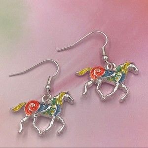 🌼 Painted Multicolor Horse Silver Dangle Earrings